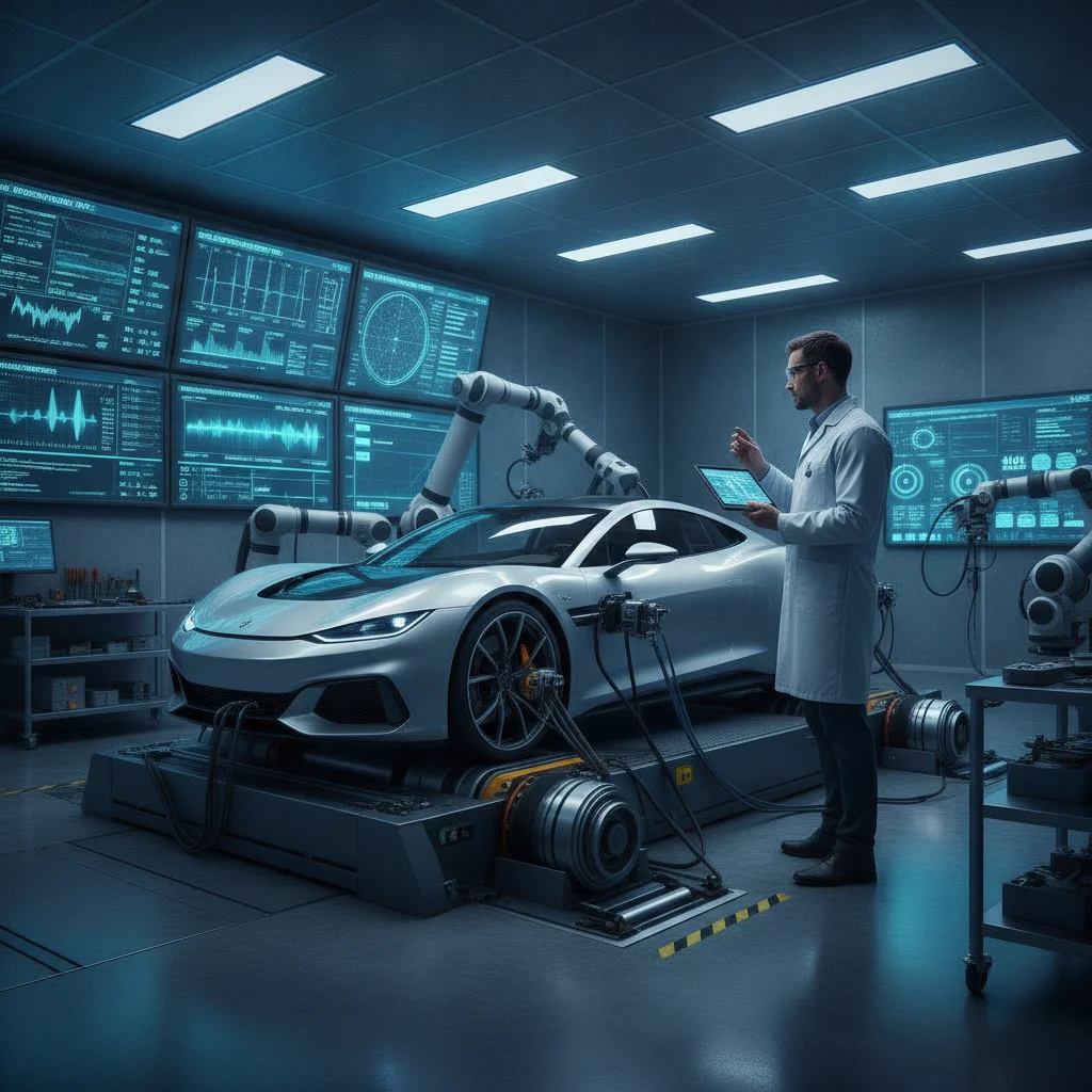 Engineer monitoring an electric vehicle undergoing dynamometer range testing in a controlled laboratory environment
