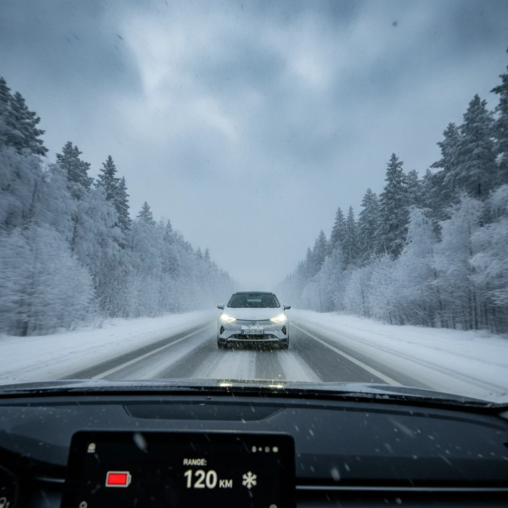 Electric vehicle driving on a snowy winter highway in cold conditions illustrating cold-weather range reduction