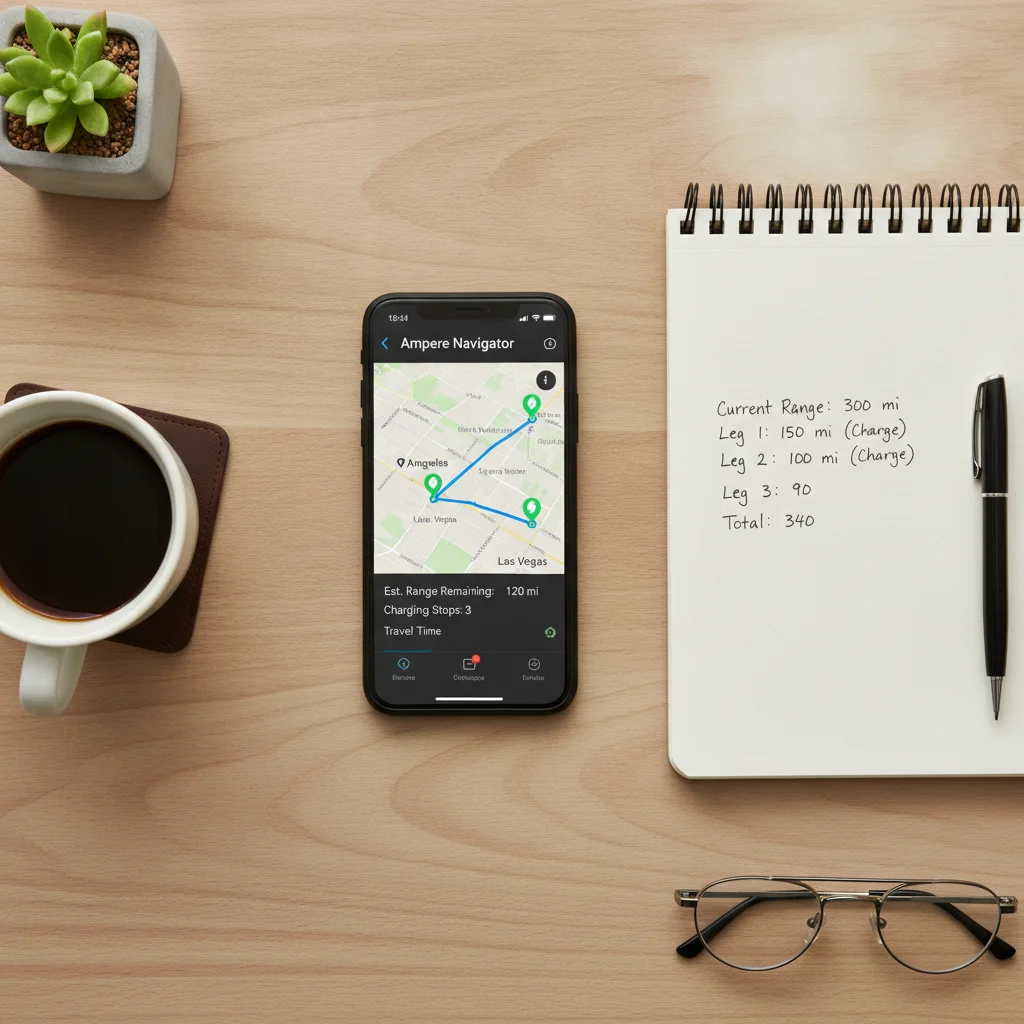 Smartphone showing EV route planning app with charging stops alongside handwritten range notes on a desk