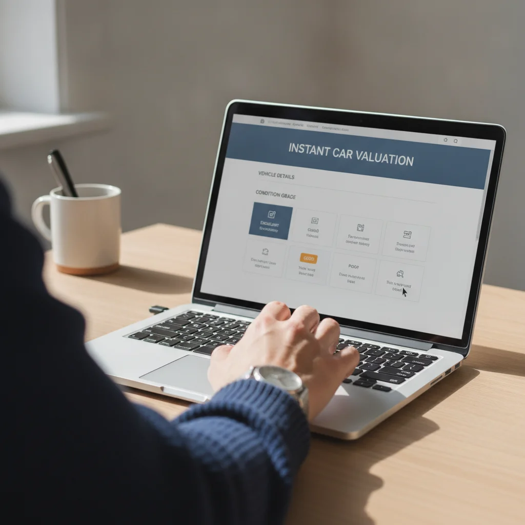 A person selecting a condition grade on an online car valuation tool on a laptop