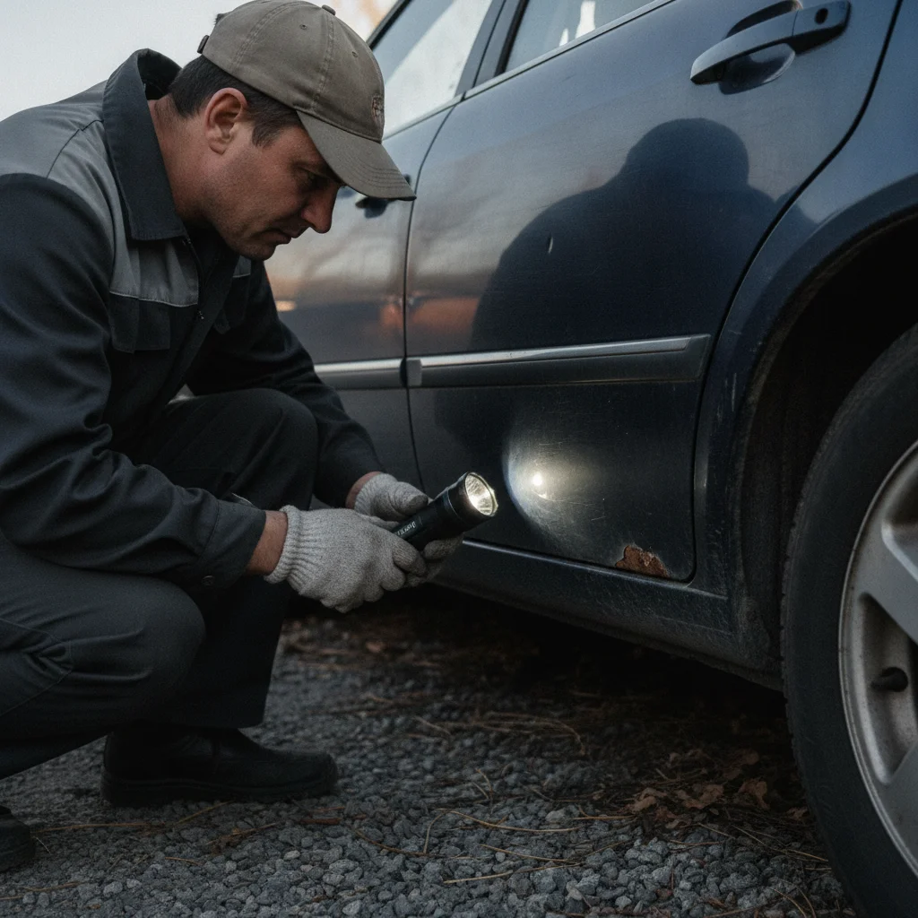 A person inspecting the lower door panel of a used car with a flashlight in sunlight