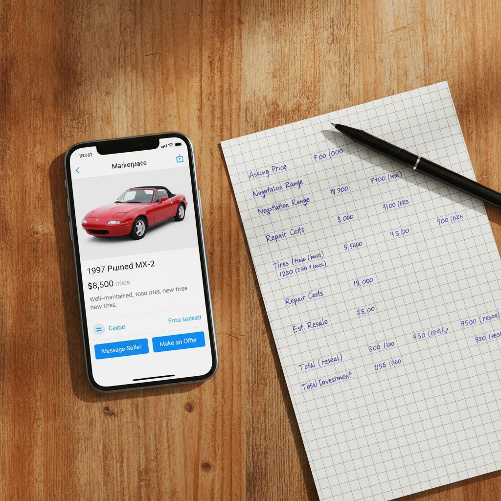 A smartphone showing a car listing beside a handwritten pricing worksheet on a desk