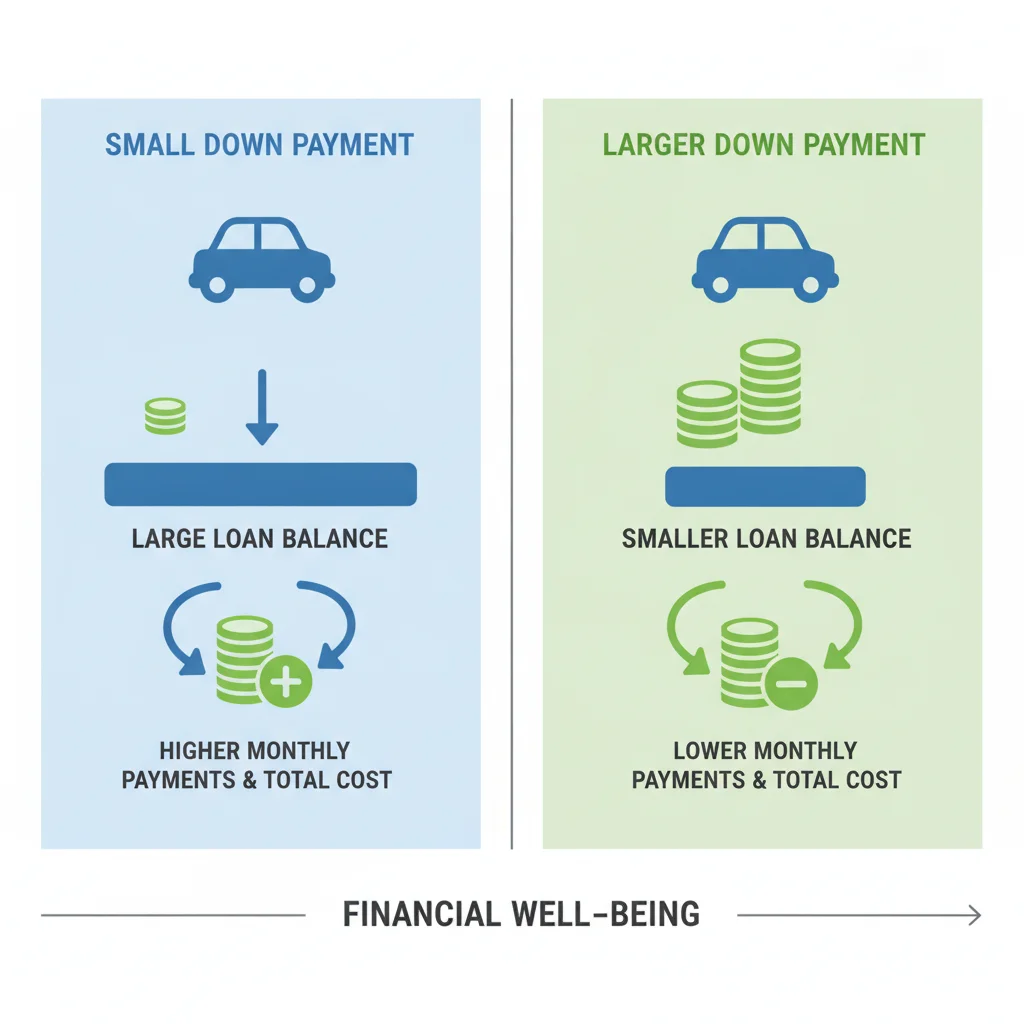 Infographic comparing two car loan scenarios showing how a larger down payment reduces the loan balance and total interest paid.