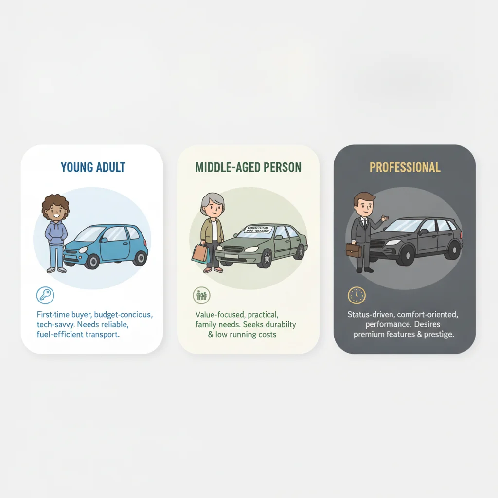 Three illustrated buyer profiles representing a first-time buyer, an experienced used-car buyer, and a high-credit luxury vehicle buyer.