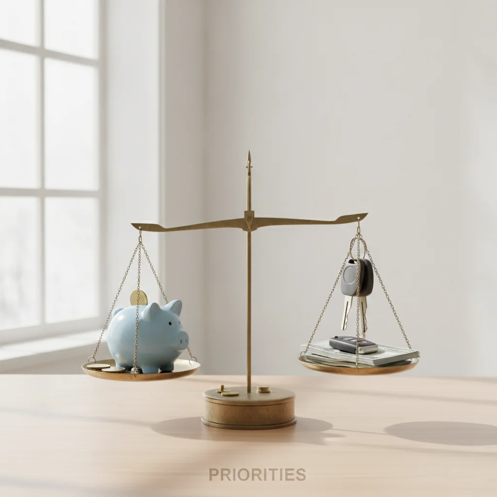 A piggy bank and car keys balanced on a scale representing the tradeoff between emergency savings and car down payment size.
