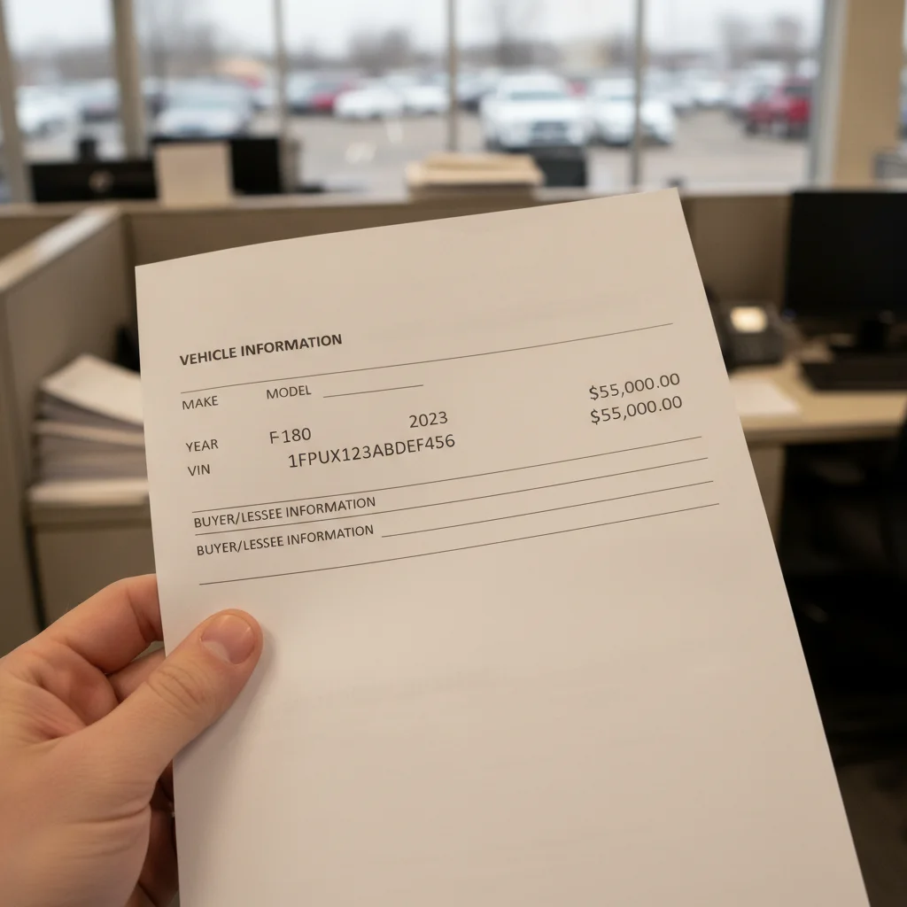 Person holding a printed IRS time-of-sale report form in a car dealership finance office