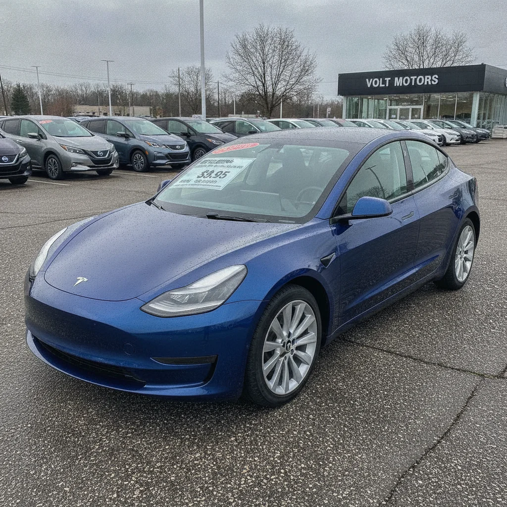 Used electric vehicle with a price sticker at a dealership lot under overcast sky