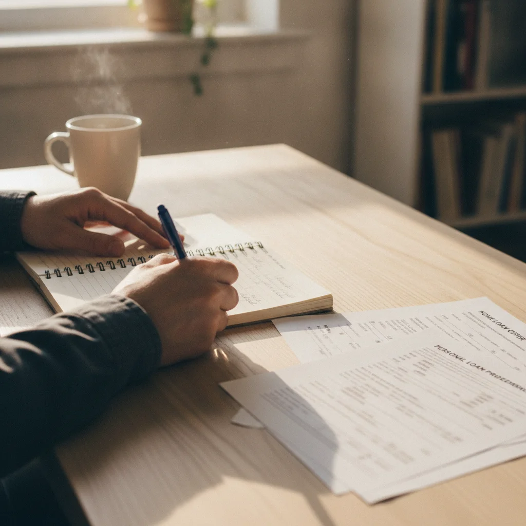 A person taking notes beside three printed auto loan offer documents on a desk