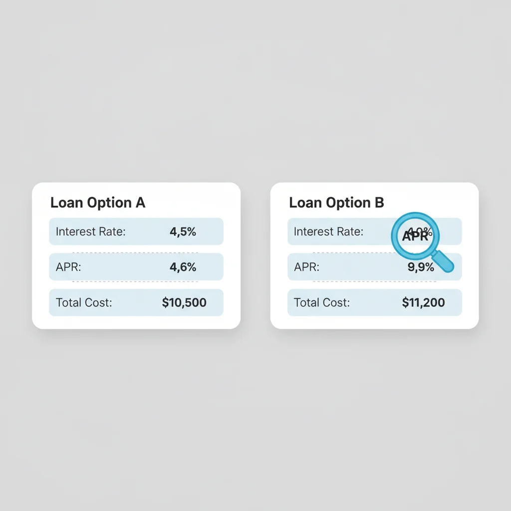 Two loan offer summary cards side by side highlighting the difference between interest rate and APR