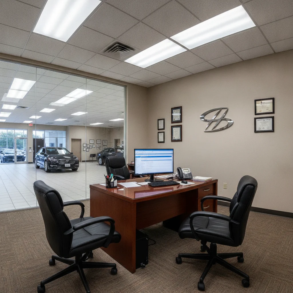 Empty car dealership finance office with a desk, chairs, and a computer showing a loan application