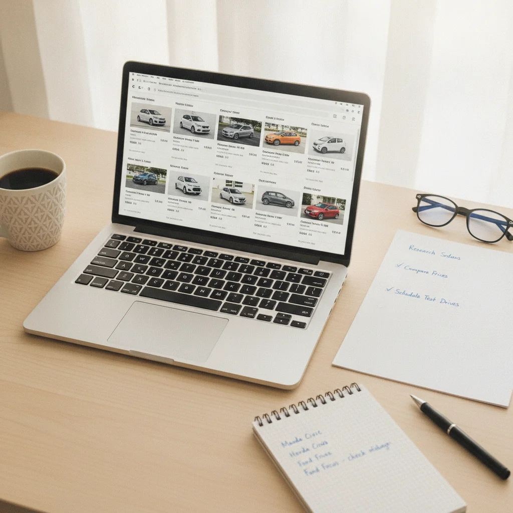 Overhead view of organized workspace with car listing research, checklist, and handwritten notes