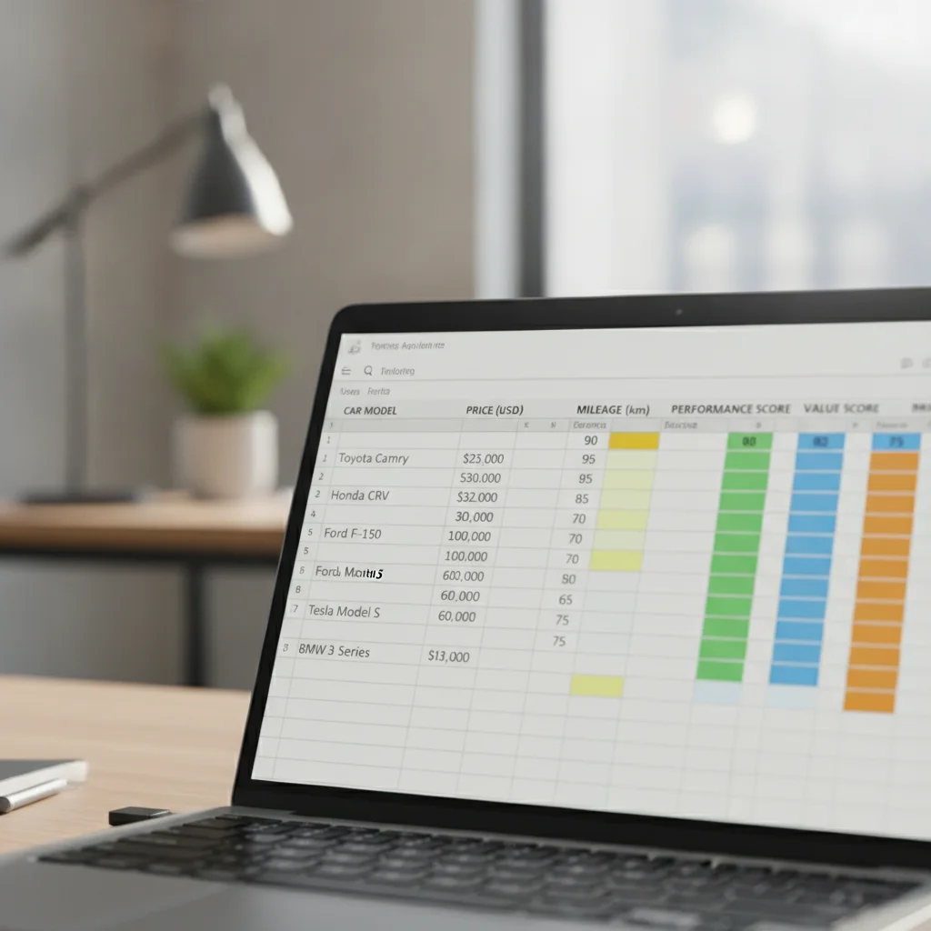 Laptop screen showing a detailed car comparison spreadsheet with color-coded scoring columns