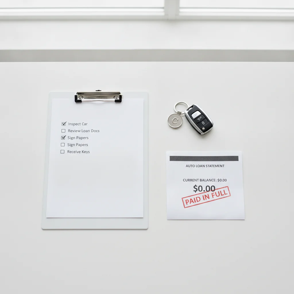 Checklist on clipboard beside car keys and a zero-balance loan statement on a desk