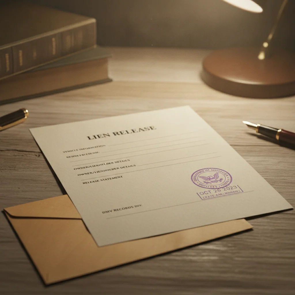 Official lien release document with DMV stamp resting on a wooden surface with an envelope