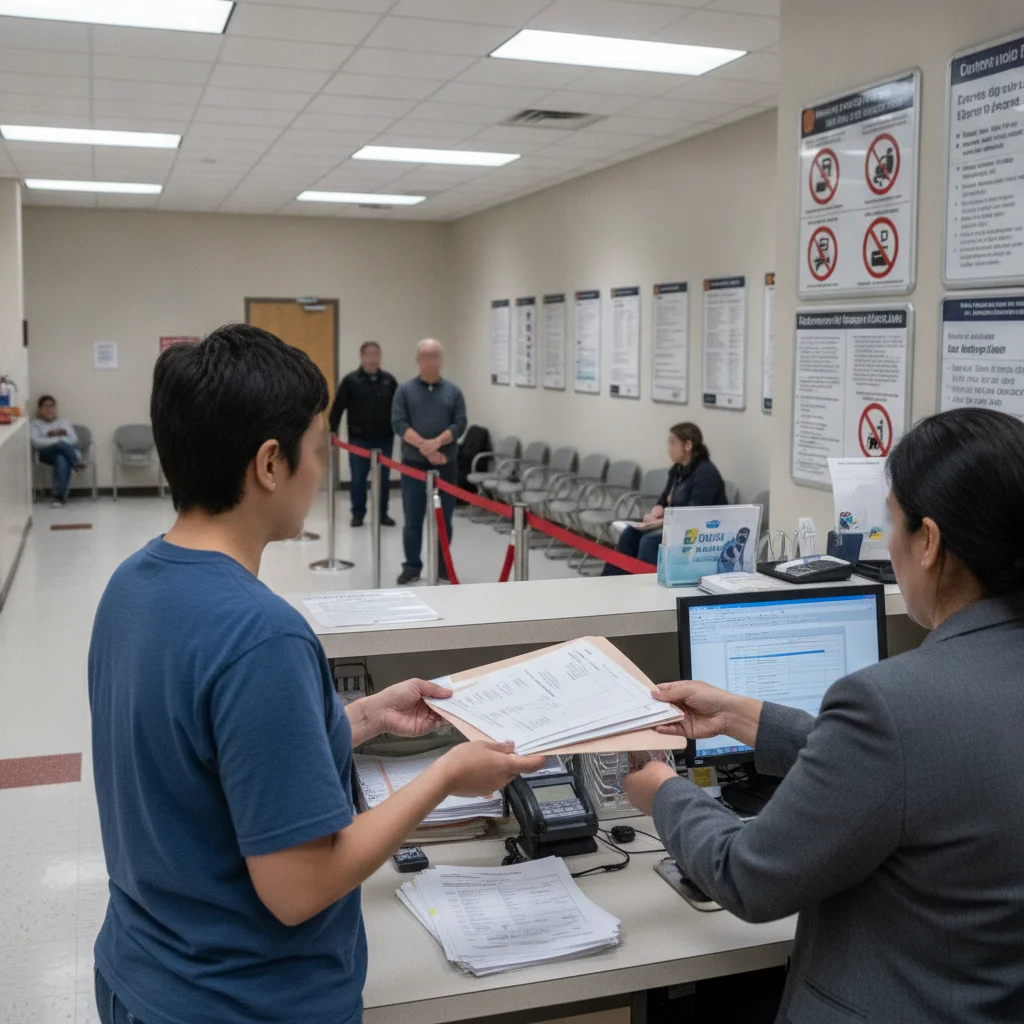 Person submitting vehicle title documents at a DMV service counter to get a clean title