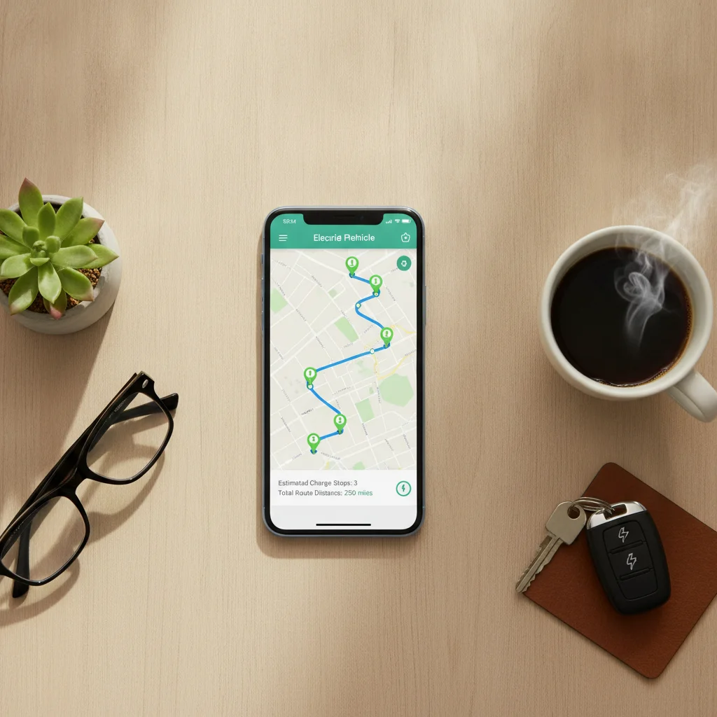Smartphone displaying an EV route planning app with multiple charging stops highlighted along a highway route