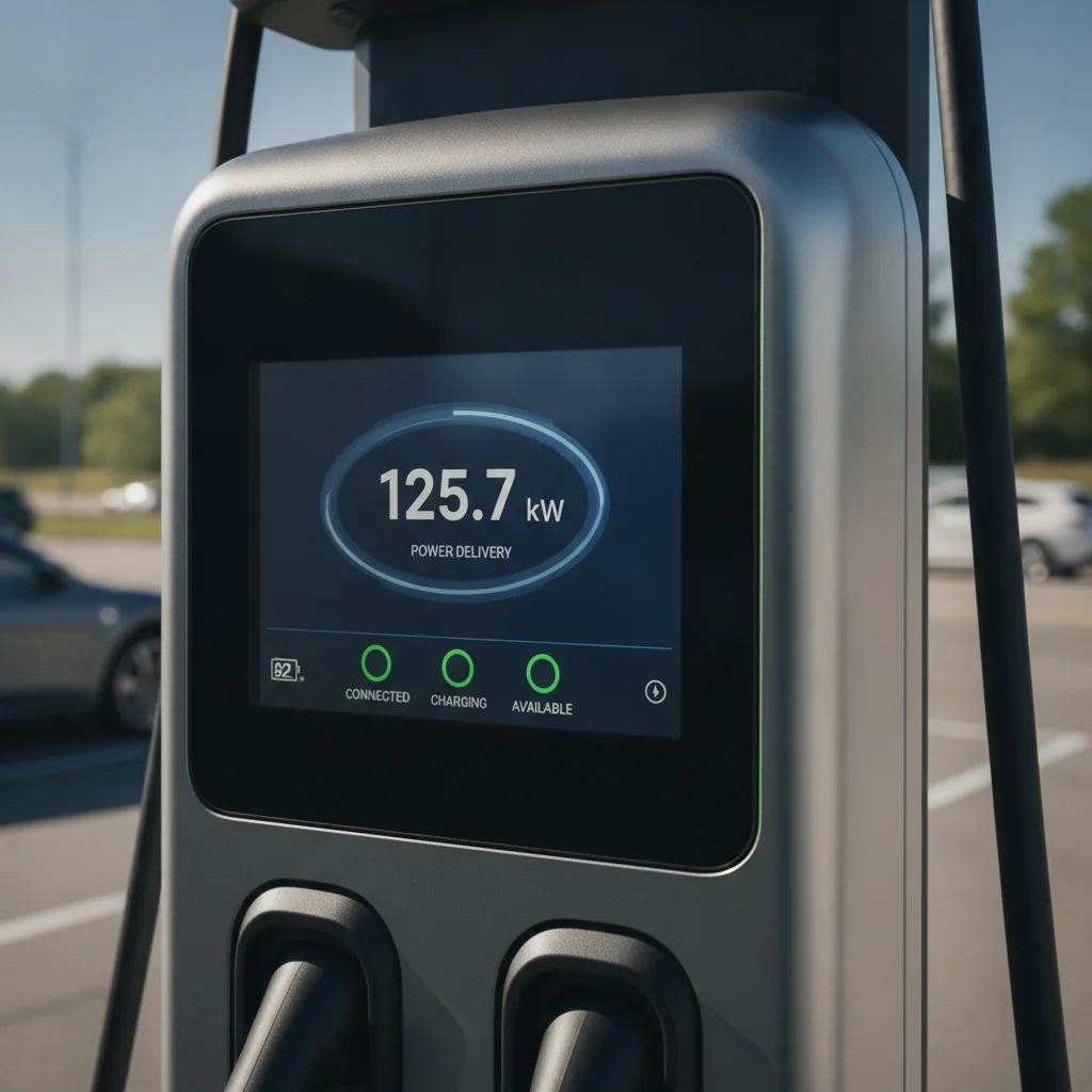 DC fast charger display screen showing active charging session with power delivery readout in kilowatts
