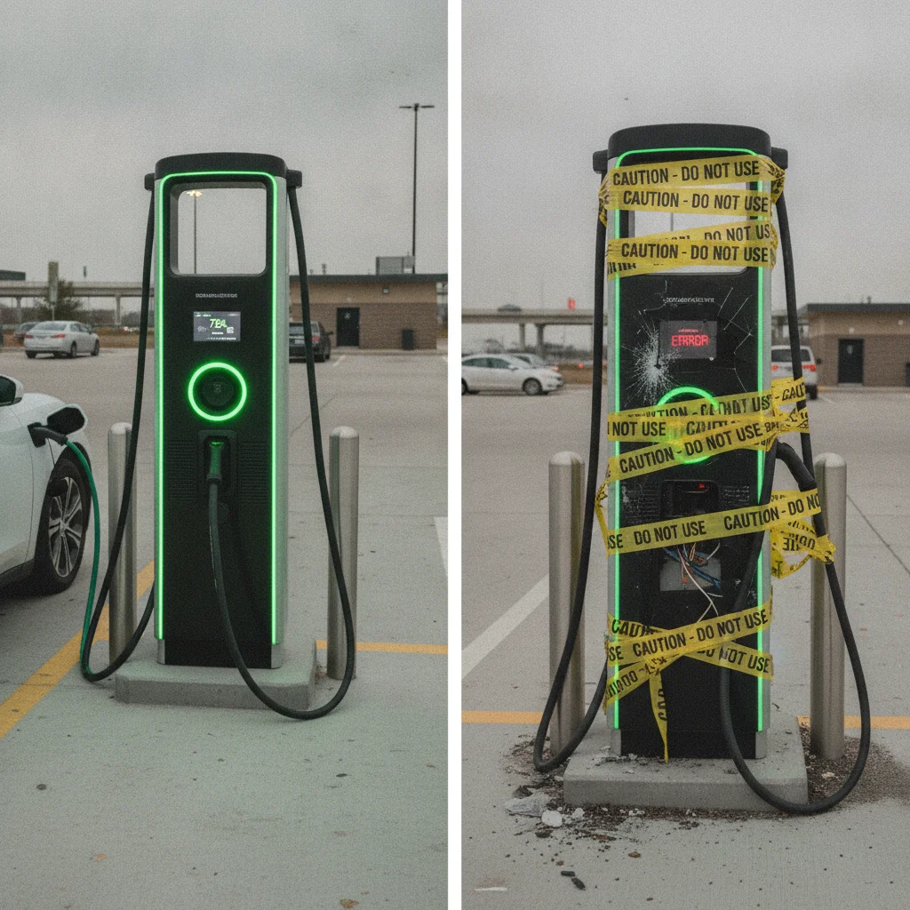 Side-by-side comparison of a functioning EV charger and an out-of-service charger marked with caution tape