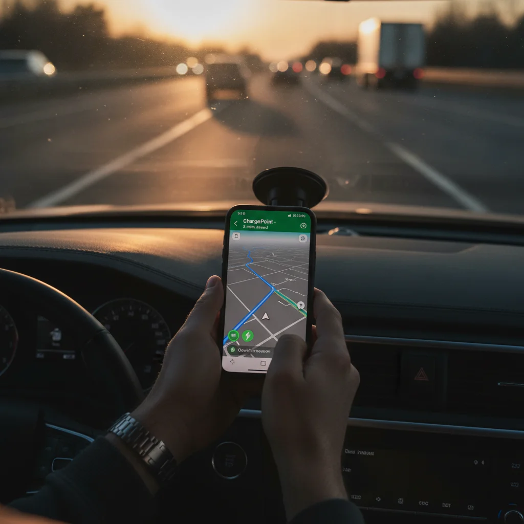 Driver using a smartphone mounted on the dashboard to monitor EV charging navigation during a highway road trip