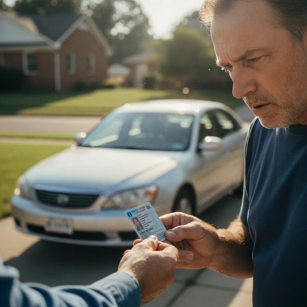 Private car seller carefully inspecting a prospective buyer's driver's license before a test drive
