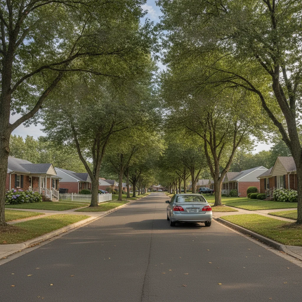 A used car being test driven on a quiet, safe residential street during daylight hours
