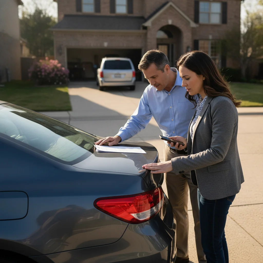 Seller and buyer conducting a post-test-drive walkaround inspection of a used car in a driveway