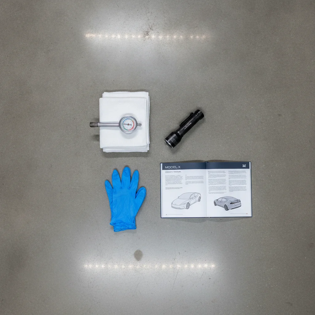 Inspection tools laid out on a garage floor including tire gauge, flashlight, gloves, and owner's manual.
