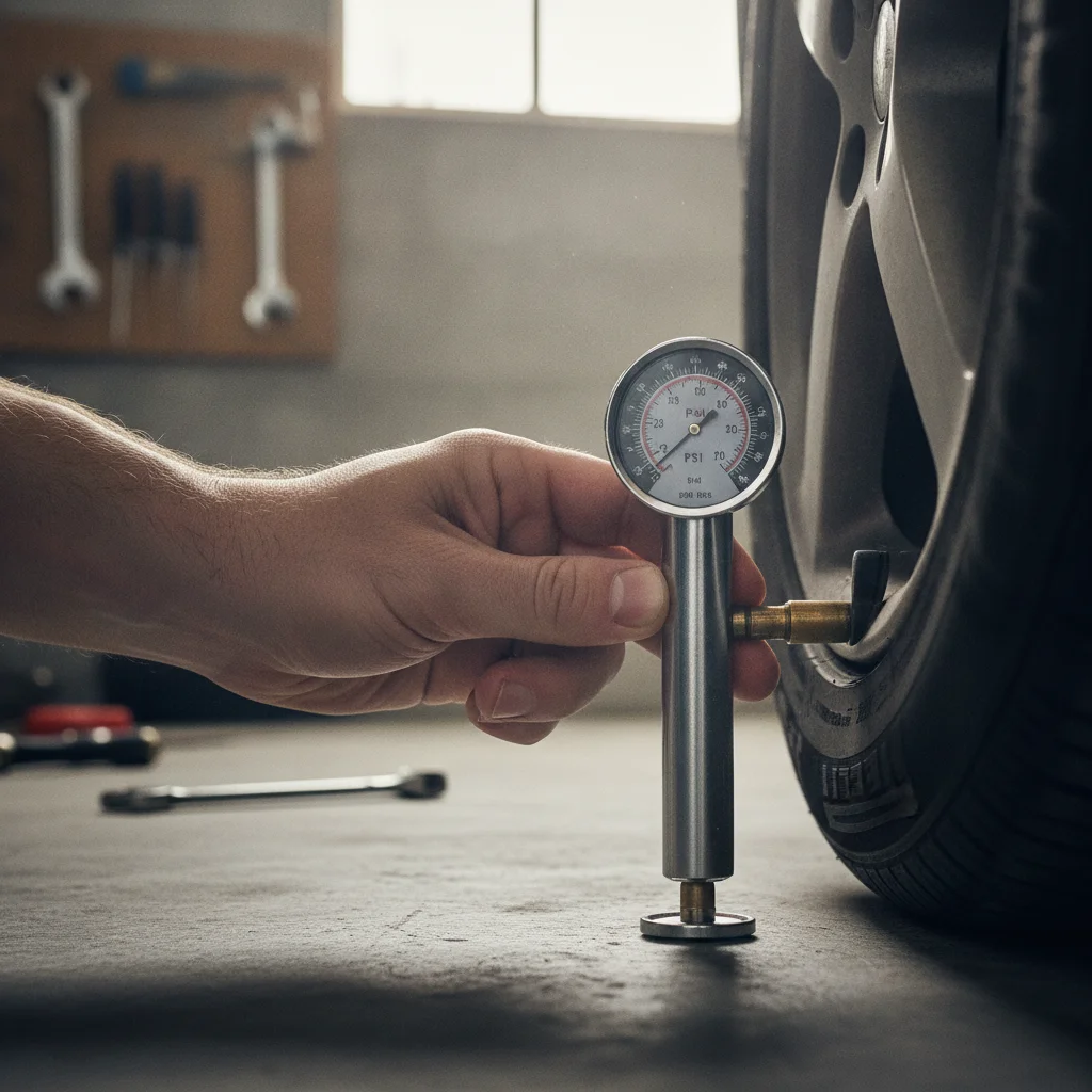A hand pressing a tire pressure gauge onto a valve stem to check tire PSI.