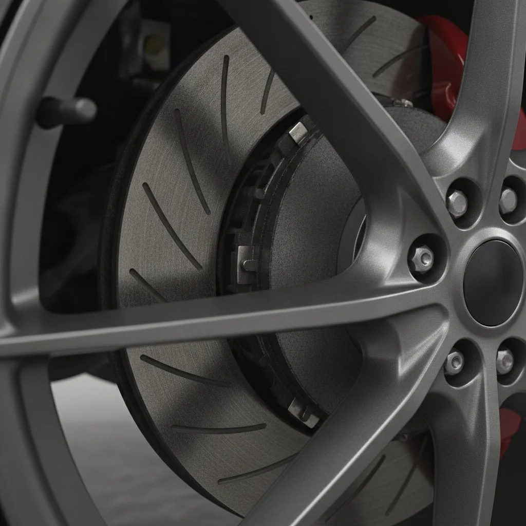 Brake rotor and caliper viewed through the wheel spokes showing the visible brake pad thickness.