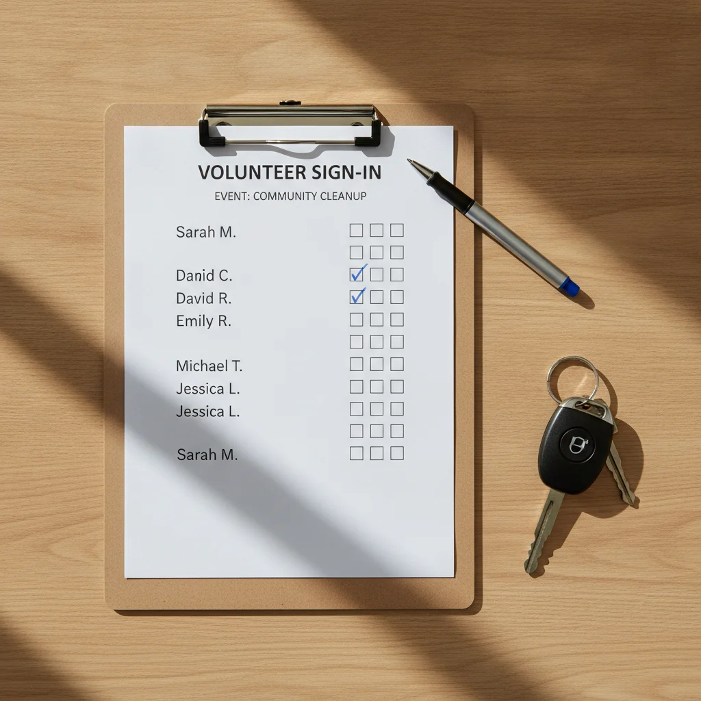 Clipboard with a buyer tracking checklist next to car keys on a wooden desk