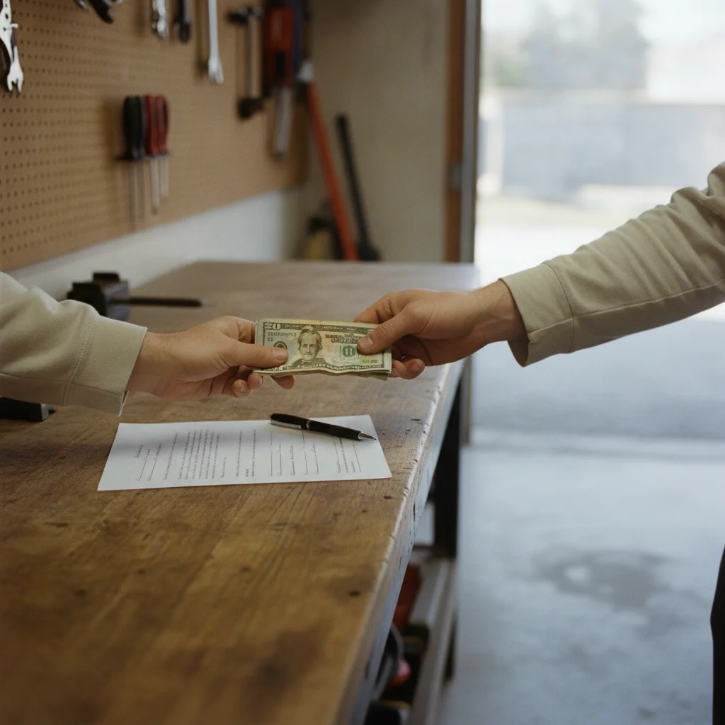 Cash deposit being exchanged over a printed car deposit agreement on a table
