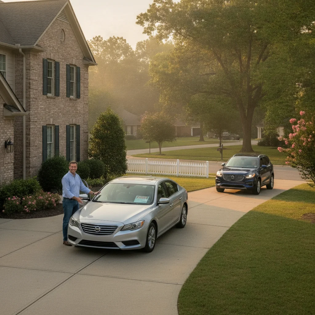 Seller standing beside a car in a driveway with another vehicle approaching for a test drive