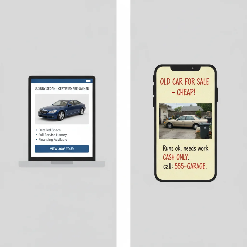 Side-by-side comparison of a professional online car platform listing and a private seller listing.