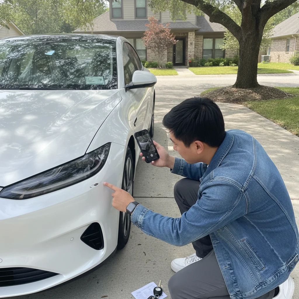 Buyer photographing undisclosed vehicle damage upon delivery for dispute documentation.