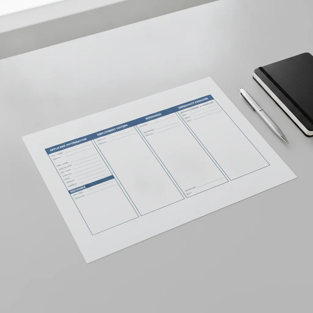 Wide top-down view of a multi-section trade-in offer form on a clean desk