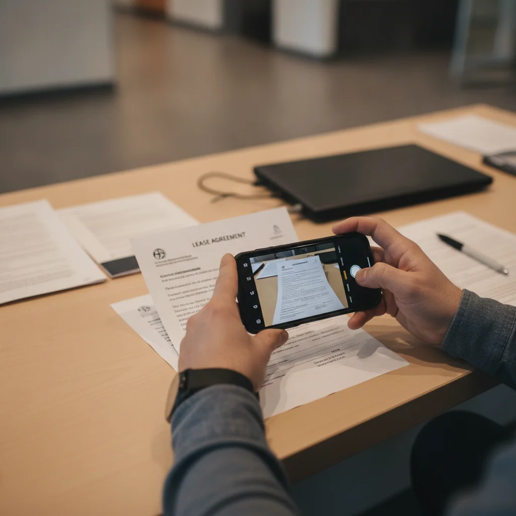 Person photographing a dealer trade-in offer sheet with a smartphone at a dealership desk