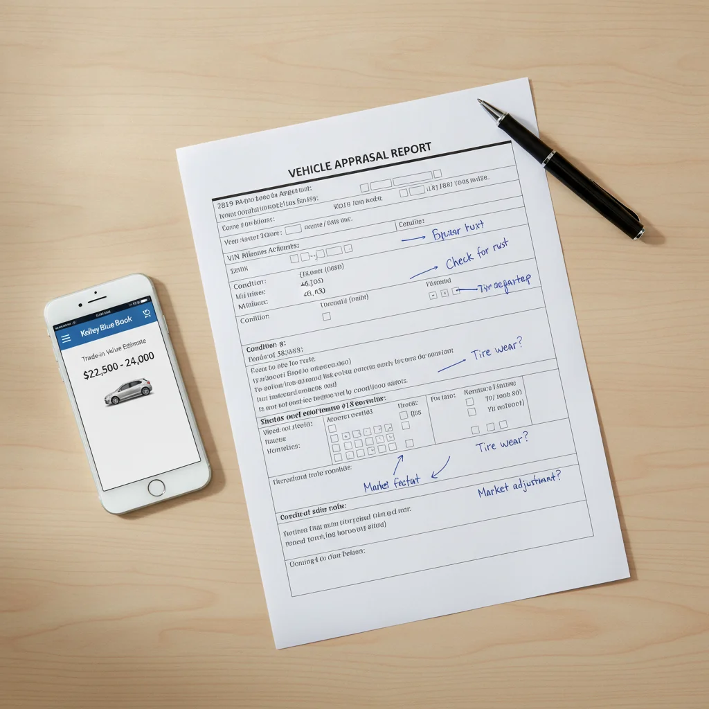 Printed vehicle appraisal sheet with handwritten margin notes next to a smartphone displaying KBB trade-in value