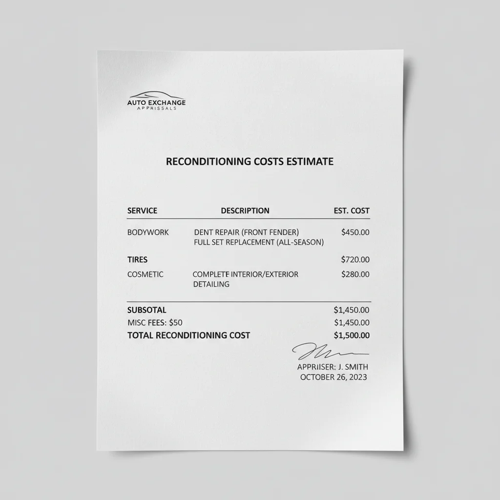 Close-up of an itemized reconditioning section on a trade-in appraisal form showing specific repair costs