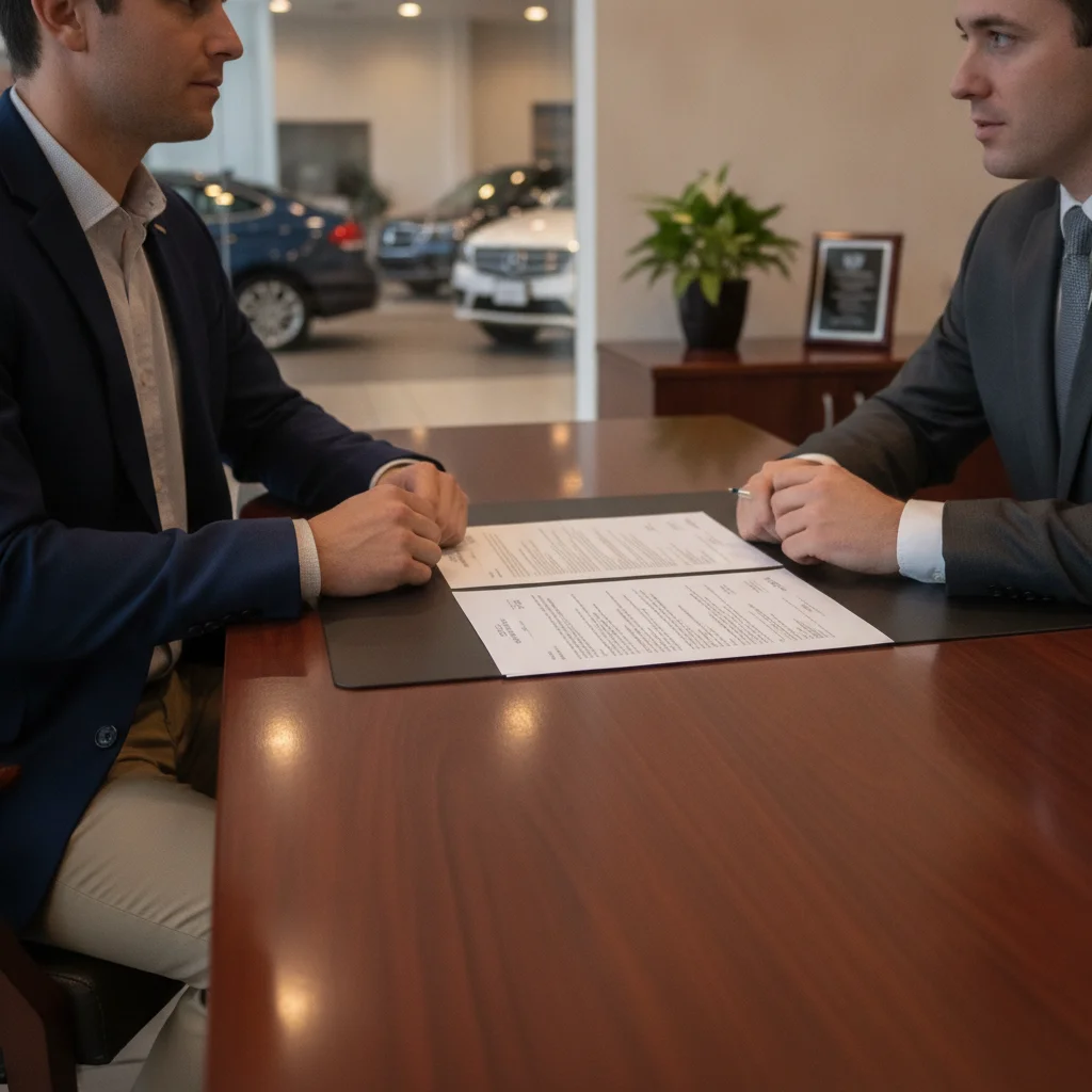 Car buyer and dealership finance manager reviewing trade-in paperwork together across a desk in a dealership office