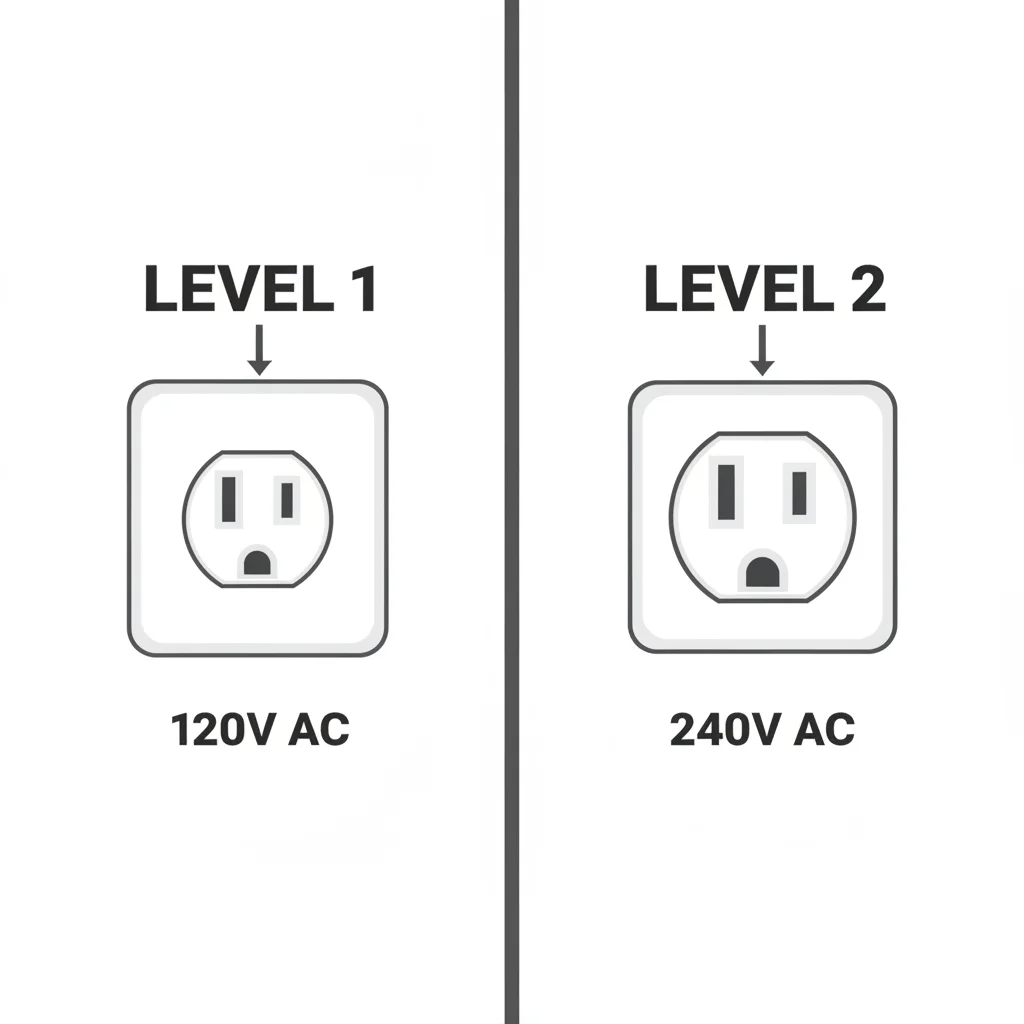 Side-by-side comparison of a 120V Level 1 outlet and a 240V NEMA 14-50 Level 2 outlet