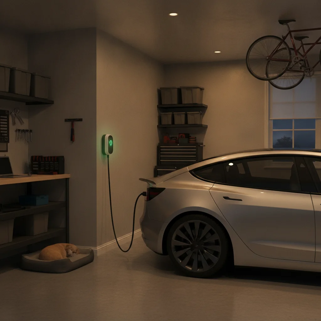 Electric vehicle plugged into a Level 2 home charger overnight in a residential garage