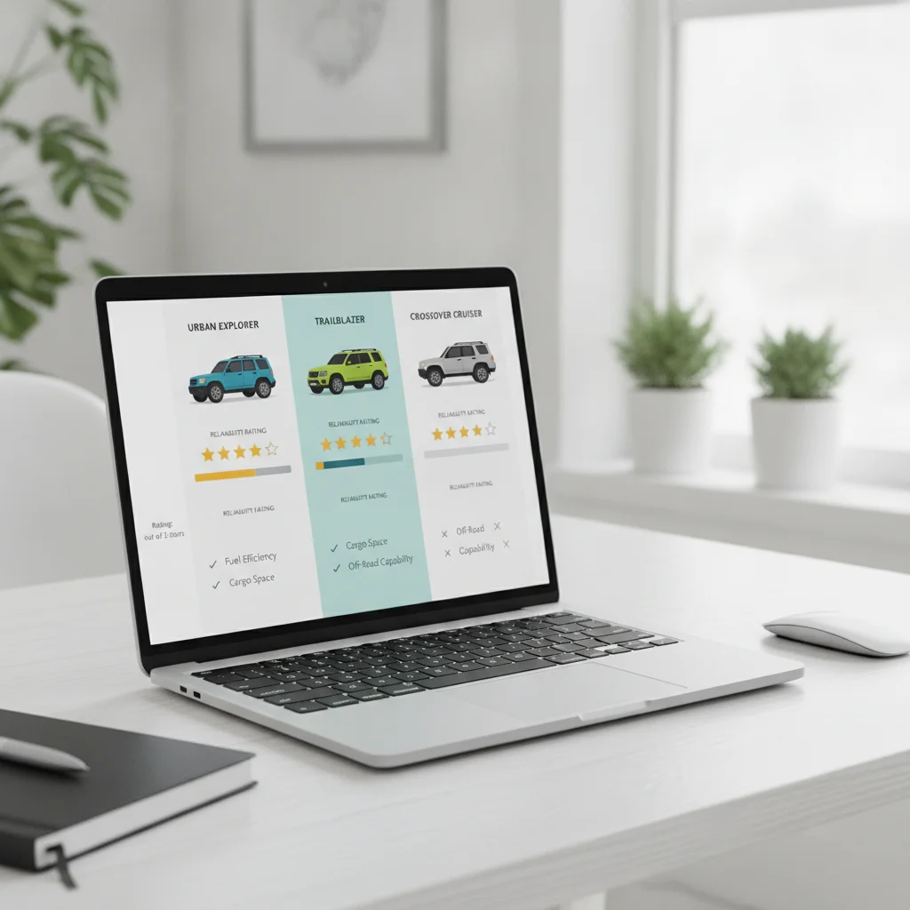 Laptop screen showing a side-by-side reliability rating comparison chart for three SUV models