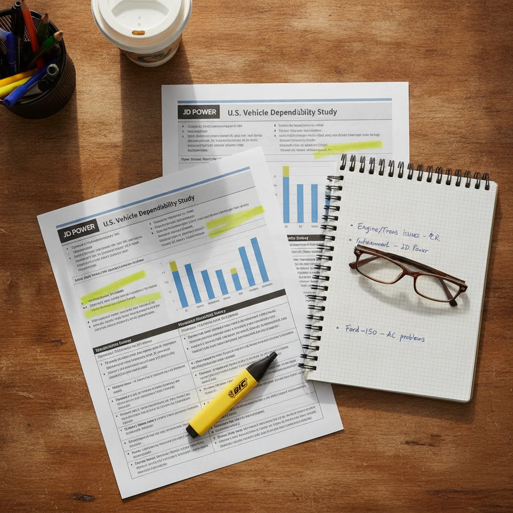 Printed JD Power and Consumer Reports reliability pages with handwritten notes and a highlighter on a wooden desk