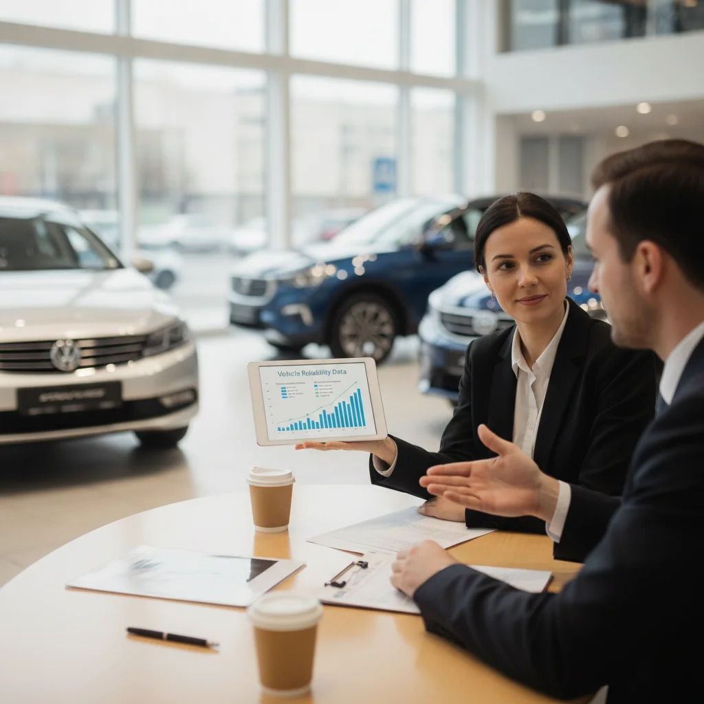 Car buyer showing reliability data on a tablet during negotiations at a dealership table with a salesperson