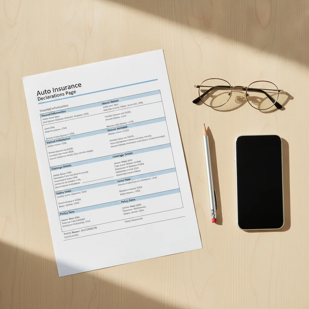 Overhead view of an auto insurance declarations page laid flat on a desk with a pencil and glasses