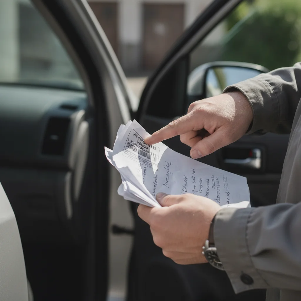 Person checking a VIN number on a car door jamb sticker against a paper document