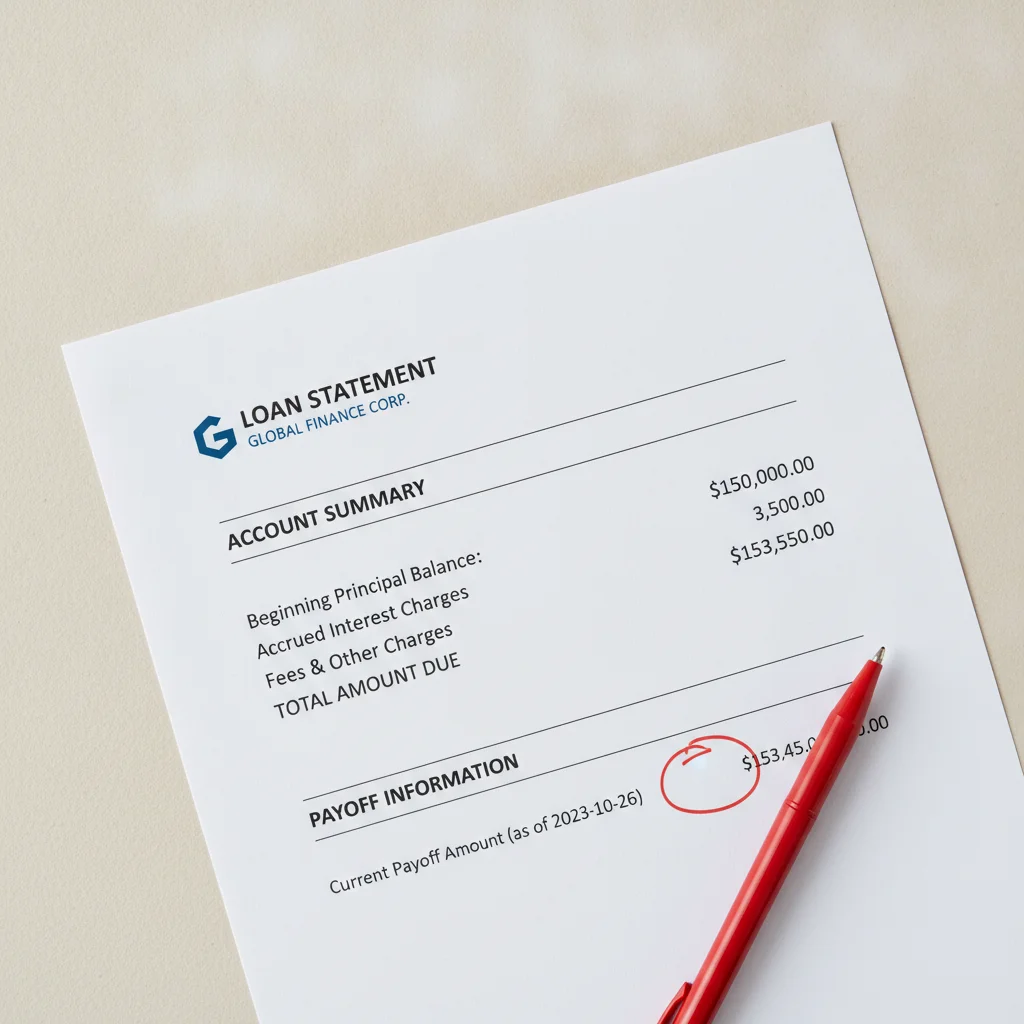 Close-up of an auto loan statement document showing principal balance and payoff amount highlighted