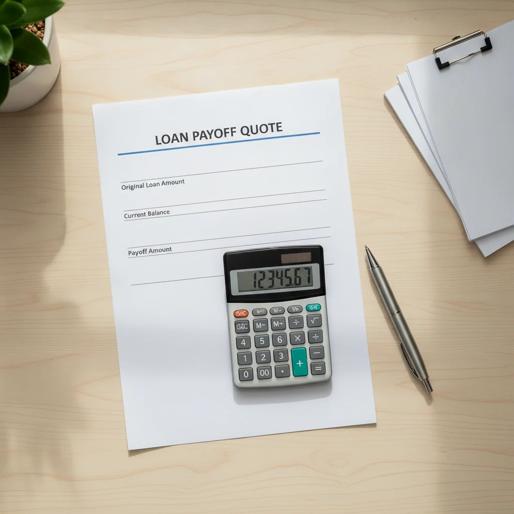 Payoff quote document with calculator and pen on a desk, showing itemized loan charges