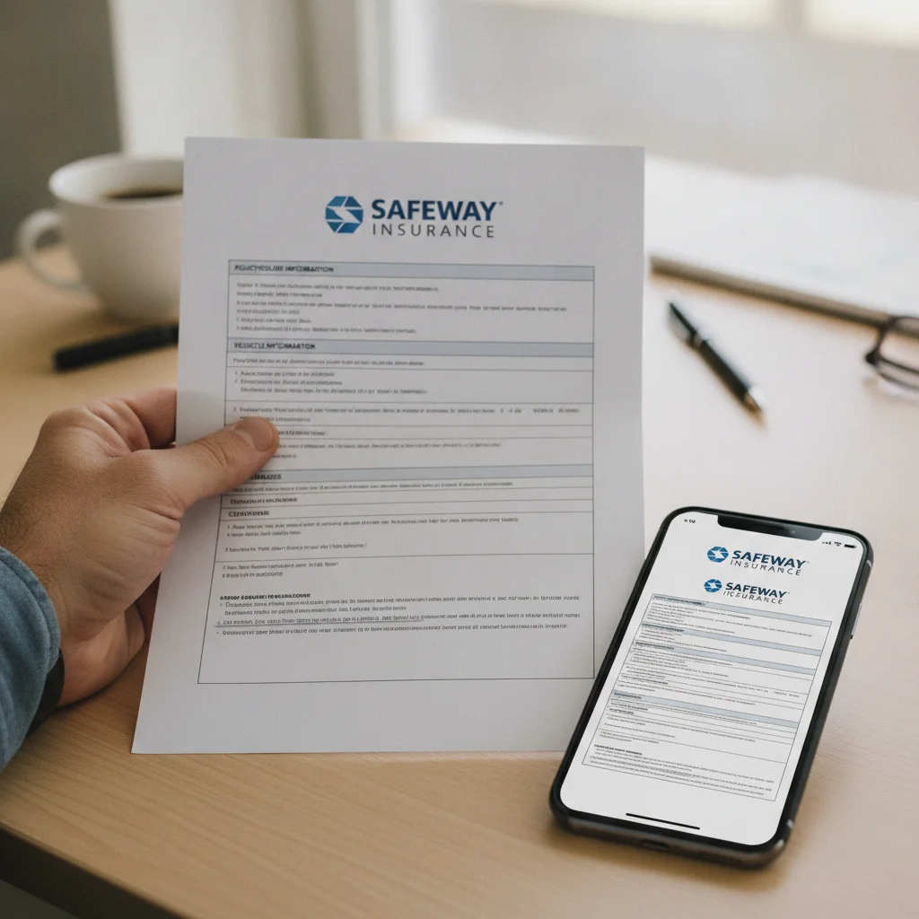 Hand holding a printed auto insurance declarations page beside a smartphone displaying a digital version.