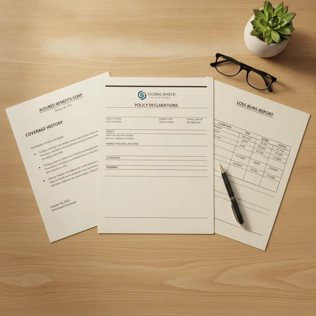 Organized insurance documents including a declarations page, coverage history letter, and loss runs report on a desk.